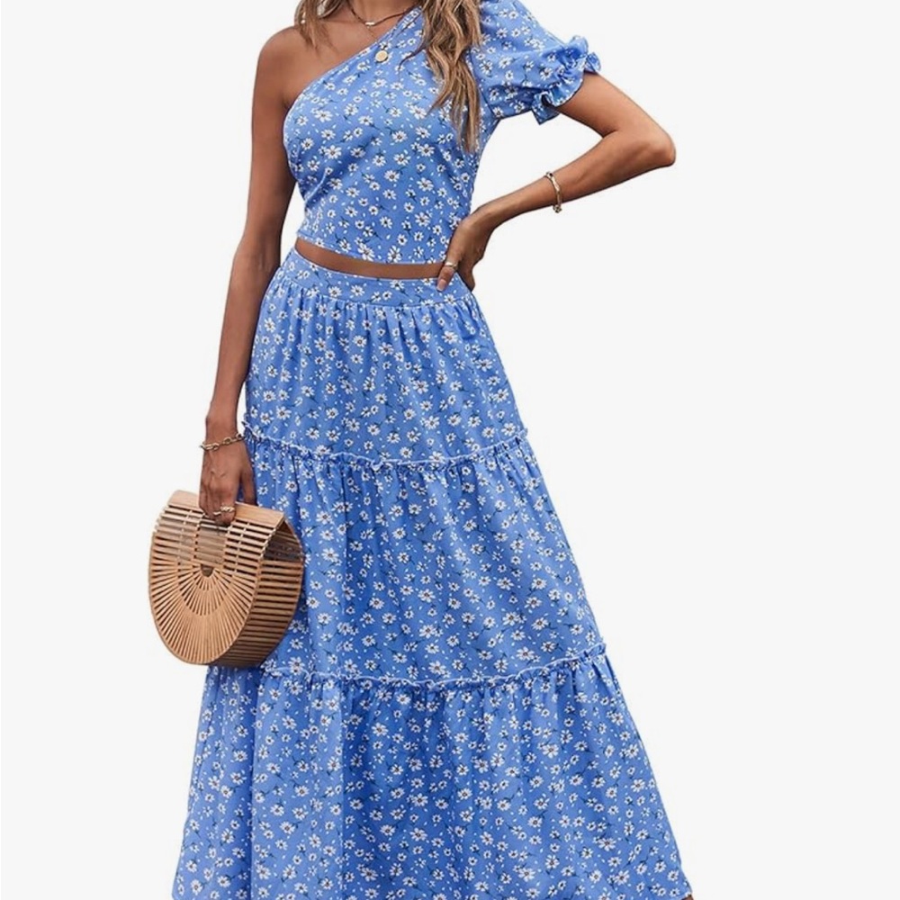 Blue Floral One-Shoulder Top and Skirt Set